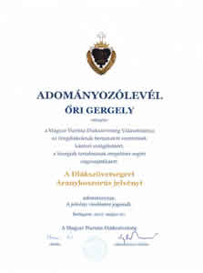 a Magyar Piarista Diákszövetség oklevele